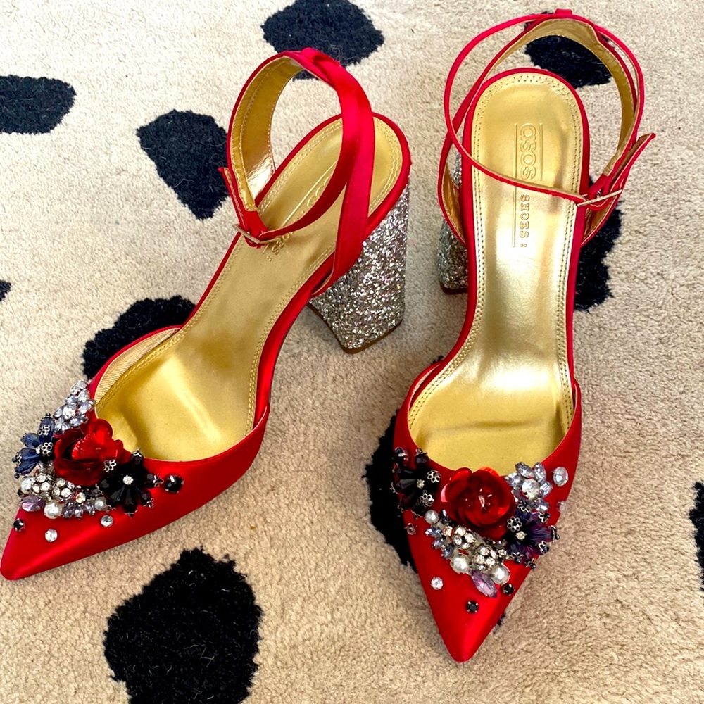 ASOS | Bejeweled red high heels and sequence in size 7.5